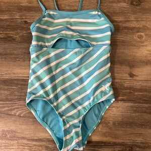 Hurley Blue and White One Piece Swimsuit with Striped Design NWOT